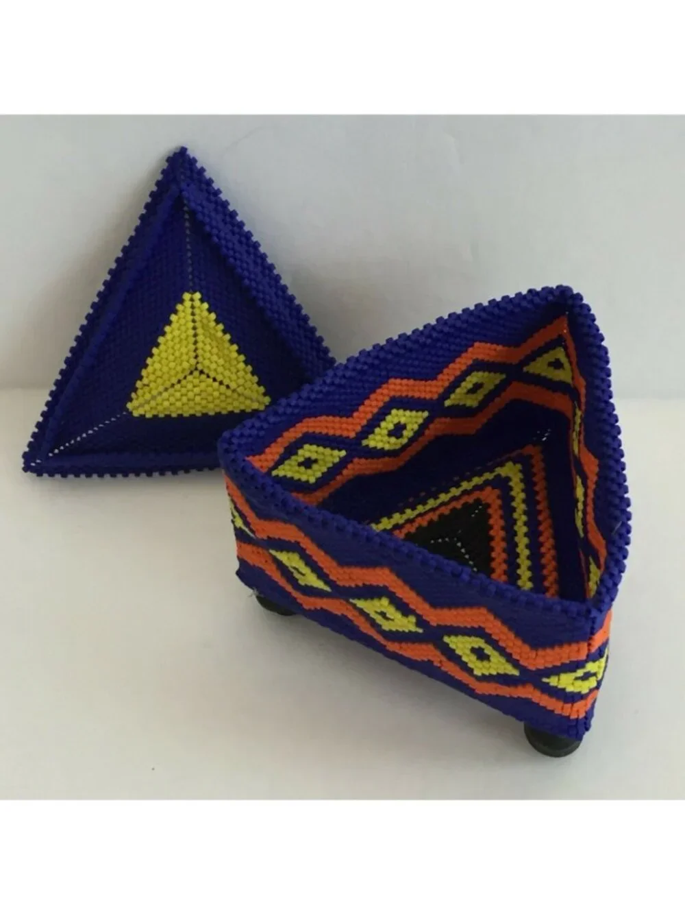 Handmade Beaded Small Box Royal Blue Orange Yellow Tribal Tchotchke